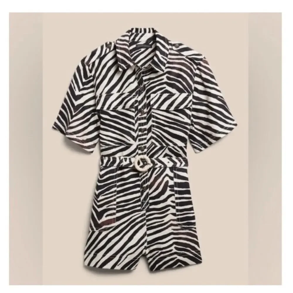 Banana Republic Linen Zebra Print Safari Romper M 100% Linen